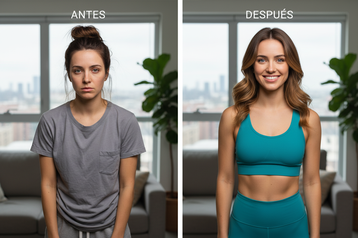 haz la imagen con un fondo mas realista y que sea la misma perosna del antes y despues 